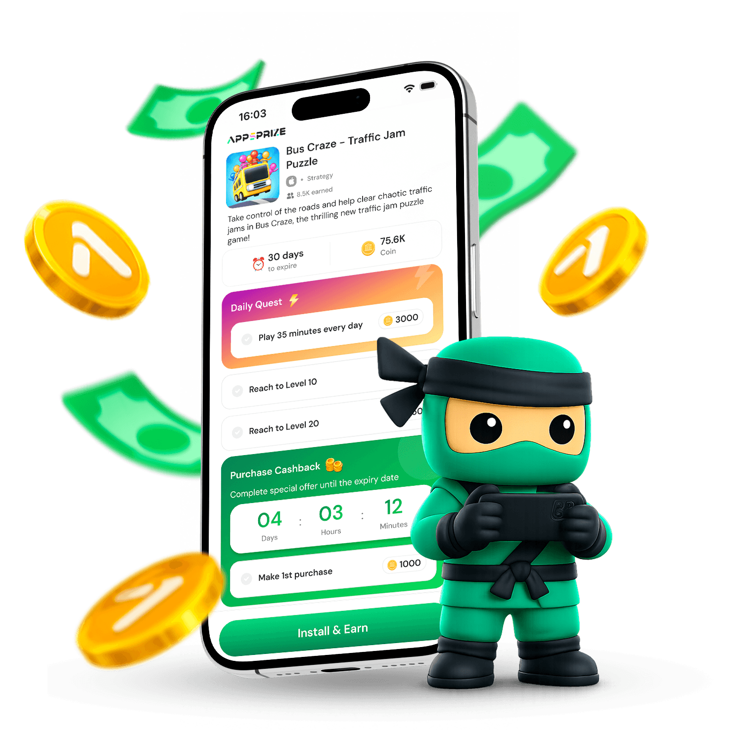 The AppsPrize ninja mascot playing on a phone that shows a game offer for Bus Craze - Traffic Jam Puzzle, with daily quests, a purchase cashback countdown, the coins on offer, and an Install and Earn button, surrounded by floating coins and cash.