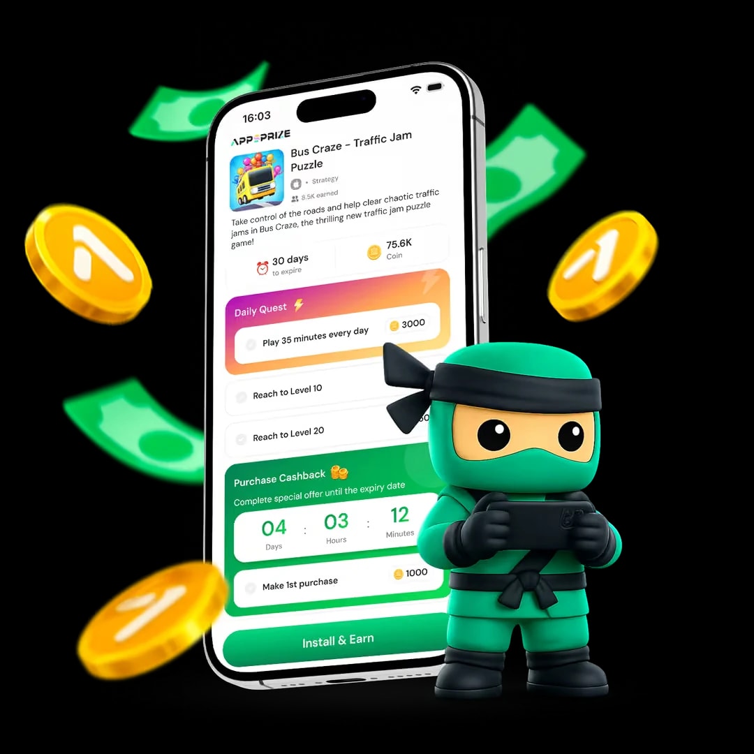 The AppsPrize game rewards screen on a phone, with a green ninja mascot holding a controller and gold coins and cash floating around it