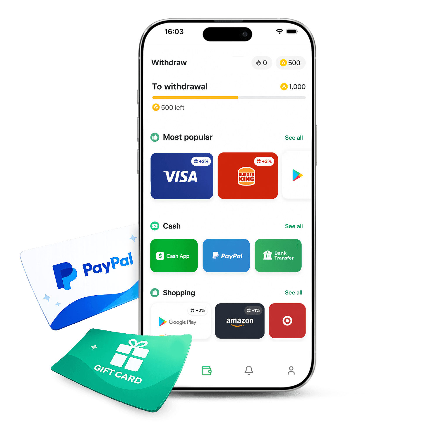 A phone showing the AppsPrize withdraw screen: progress towards the next cash-out, and payout options including PayPal, Cash App and bank transfer alongside Visa, Google Play, Amazon and Target gift cards - next to a PayPal card and a gift card.