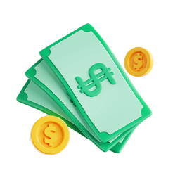 3D fan of dollar bills with gold coins