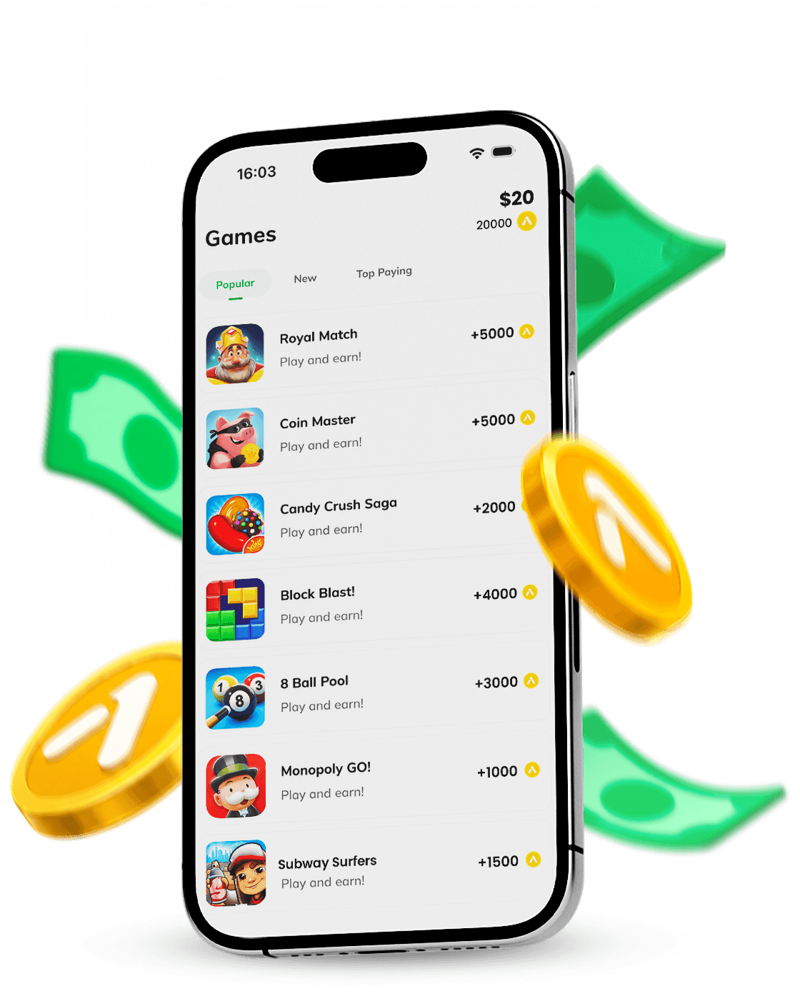 A phone showing the AppsPrize Games screen with popular titles and coin rewards, surrounded by floating gold coins and cash.